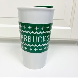 Starbucks | Green & White Sweater Ceramic Traveler Mug  2016 10oz Christmas